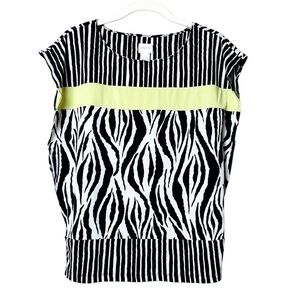 Chico’s zebra stripe top blouse lightweight short flutter sleeve casual neon